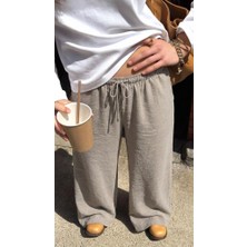 Damga Kadın Beli Lastikli Dokulu Vizon Palazzo Keten Pantolon