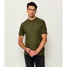 Boss Erkek Normal Kesim Geometrik Jakarlı Yuvarlak Yakalı Pamuklu Kısa Kollu Haki T-Shirt 50567970-347