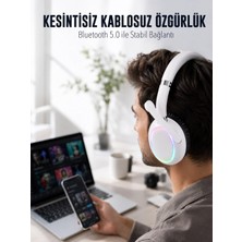 İlkyaz Fashion Rgb Işıklı Mikrofonlu Bluetooth Kulaklık Beyaz Over-Ear Tasarım Type-C Şarjlı