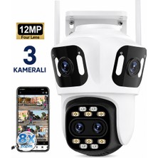 Qasul 3 Kameralı 12MP Wifi Güvenlik Kamerası 360° Ptz 8x Hibrit Zoom IP66 Su Geçirmez Hareket Takipli Gece Görüşlü Çift Yönlü Sesli