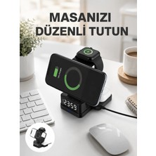 İlkyaz Fashion Dijital Saatli Kablosuz Şarj Istasyonu – 3’ü 1 Arada Apple Uyumlu Hızlı Şarj ve LED Ekran