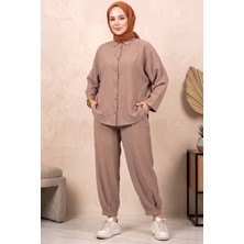 Hadiora Bej Oversize Gömlek ve Pantolon Ikili Takım - Rahat Kesim Modal Günlük Set
