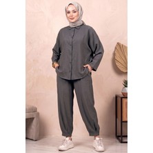 Hadiora Gri Oversize Gömlek ve Pantolon Ikili Takım - Rahat Kesim Modal Günlük Set