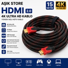 AŞIK STORE HDMI 2.0 Kablo 15 Metre Örgülü Altın Uçlu 4K Ultra Hd 18GBPS Hdr Yüksek Hızlı Tv Monitör Projeksiyon Ps5 Xbox Laptop