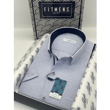 Fitmens Klasik Kısa Kol Keten Cotton Kareli Pamuk Hediye Kutulu Erkek Gömlek FS-003009 - Mavi