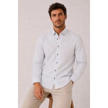 Fitmens Slim Fit Uzun Kol Çizgili Cepsiz Keten Likra Hediye Kutulu Erkek Gömlek FS-004579 - Beyaz Açık Mavi