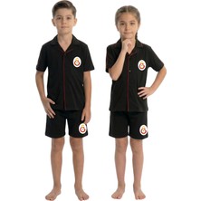 Galatasaray Orjinal Lisanslı Unisex Çocuk Düğmeli Gömlek Yaka Kısa Kollu Şortlu Pamuklu Pijama Takım