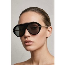 Ren Eyewear Barre Büyük Boy Siyah Güneş Gözlüğü Oversize Gold Altın Metal Detaylı Üstü Çizgili Modern Pilot UV400