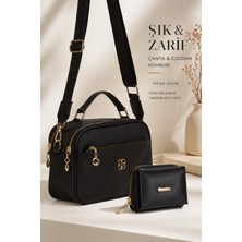 Sannora Bags Kadın Siyah Omuz ve El Çantası Üç Bölmeli ve Siyah Cüzdan