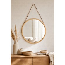 Naturel Dekor Bambu Deri Askılı Yuvarlak Dekoratif Ayna 50 Cm, Bohem, Iskandinav, Modern, Hasır, Bambu