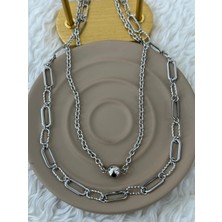 Fm 💎 Premium Gümüş Renk Parlak ve Şık Çift Katlı Modern Top Zincir 316L Çelik Kadın Kolye (45cm)