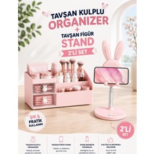 Galeriyo Tavşan Kulplu Makyaj Organizeri & Tavşan Figürlü Telefon Tablet Standı Ikili Set Pembe