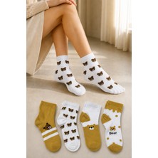 Ducks Socks Kadın Teddy Bear Çorap Pamuklu Orta Konç Ayıcıklı Çorap 4'lü Dikişsiz Çorap
