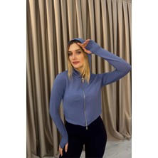 Venilife Kadın Thumbhole Parmak Geçme Detaylı Spor Kapüşonlu Fermuarlı Crop Sweatshirt