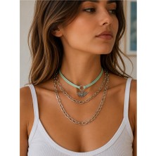 BijuStore Albatros Kuşu Süet Choker _ Bakla Zincir Ikili Set Kadın Kolye