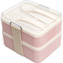 Homer Sızdırmaz 2 Katlı Yemek Kutusu Pembe Beslenme Çantası Seti Kaşık Çatallı Lunch Box 1.2 Lt