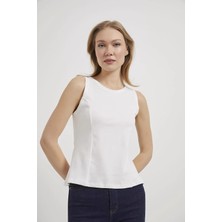 Tena Kadın Beyaz Kayık Yaka Bel Oturtmalı Licralı Peplum Bluz