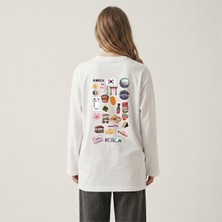 Nubarco Beyaz Oversize Geniş Kesim Uzun Kollu %100 Pamuk Yazlık Korean Food Baskılı Tshirt