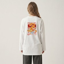 Nubarco Beyaz Oversize Geniş Kesim Uzun Kollu %100 Pamuk Yazlık Korean Food Baskılı Tshirt