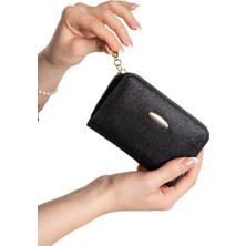 Sannora Bags Kadın Siyah Simli Bozuk ve Kağıt Para Bölmeli Fermuarlı Cüzdan