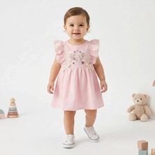 Bemy Store 6/24 Ay Çiçek Nakışlı Fırfırlı Keten Çocuk Elbisesi