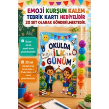 Nostaljik Lezzetler 20 Adet Okulda Ilk Günüm Yazılı Hediye Seti 1. Sınıf- Sene Başı Emoji Kurşun Kalem Tebrik Kartı Hediyeli