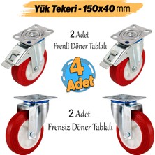 Badem10 4'lü Set Yük Taşıma Araç Teker 150X40 mm Poliamid Tablalı Dönerli Frenli 150'LIK Kırmızı Tekerlek