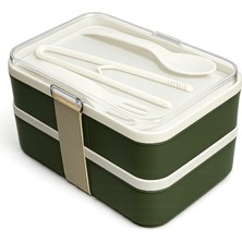 Homer Haki Yeşil Çift Katlı Sızdırmaz Beslenme Kabı Kaşıklı Çatallı Bölmeli Lunch Box 1.8 L