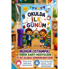 Nostaljik Lezzetler 10 Adet Okulda Ilk Günüm Yazılı Hediye Seti 1. Sınıf- Sene Başı Mühür (Istampa) Tebrik Kartı Hediyeli