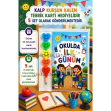 Nostaljik Lezzetler 5 Adet Okulda Ilk Günüm Yazılı Hediye Seti 1. Sınıf- Sene Başı Kalp Kurşun Kalem Tebrik Kartı Hediyeli