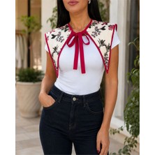 LES PETITES MAINS Kırmızı Çiçek Kuş Desenli Bağcıklı Yaka | Vintage Fular Bebe Yaka Kadın Yakalık