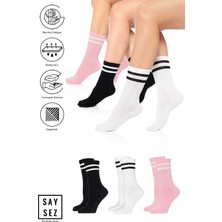 Saysez Bambu Unisex Tenis Kolej Çizgili Siyah-Beyaz-Pembe Premium Dikişsiz Soket Çorap 3'lü Paket