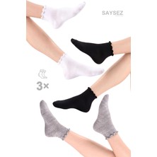 Saysez Bambu Kadın Siyah-Beyaz-Gri Renkli Asorti Fırfırlı Patik Dikişsiz Premium Çorap 3'lü Paket