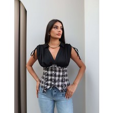 Esra Helvacı Ekoseli Korse Detay Bluz