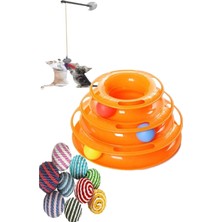 Brf Store Sepetium Tineke 3'lü Set Kedi Oyuncağı: 3 Katlı Oyuncak, Vantuzlu Kedi Oyun Oltası ve Ip Sarma Top