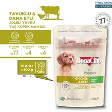 BonaCibo Jöleli Tavuklu Dana Etli Yaş Yavru Köpek Maması, 100 gr x 12 Adet