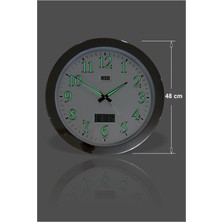 M3 Decorium Dev Büyük 48 cm Krom Metal Çerçeve Fosforlu Duvar Saati Gece Karanlıkta Görünen Nemölçerli Termometreli Takvimli Sessiz Kayar Akar Saniyeli