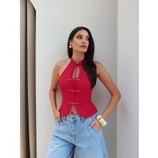 Esra Helvacı Süs Düğmeli Halter Yaka Bluz