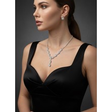 Valmont Accessories Tennis Çiçek Mordel Zirkon Taşlı Gümüş Kolye ve Küpe Seti - Düğün, Kına, Nişan Gelin Takı Seti