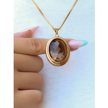 Esha Store Doğal Taş Dumanlı Kuvars Doğaş Taşlı Kadın Oval Kolye EUK53DMK