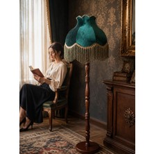 dekovien Hürrem Yeşili Kadife Başlık Doğal Ahşap Ayaklı Klasik Model Lambader Vintage 170X40CM