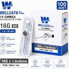 Wellmed Wellcatch Plus 16G Gri I.v. Branül 1.8×45MM Enjeksiyon Portlu Kanatlı Steril (10 Adet)