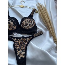 Modellife Dantelli Lastiği Taşlı Balenli Destekli Dolgulu Push Up Leopar Sütyen Ve String Iç Çamaşırı Takımı
