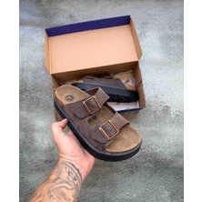 Evlium Birkenstock Arizona Chunky Süet Deri Çift Tokalı Yüksek Taban Terlik - Vizon / Acı Kahve
