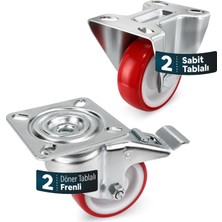 Badem10 Poliamid 4'lü Teker Seti (2 Adet) Sabit Tablalı Teker (2 Adet) Döner Tablalı Frenli Teker 80X32 mm
