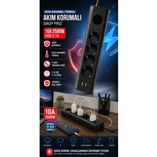 Matechno 4'lü Akım Korumalı Topraklı Çoklu Priz 2500W 10A 2 USB + 1 Type-C Isıya Dayanıklı Termal Korumalı Anahtarlı Grup Priz Uzatma Kablosu