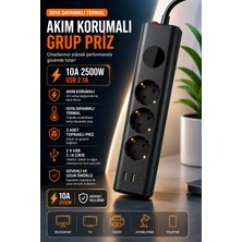 Matechno 3'lü Akım Korumalı Topraklı Çoklu Priz 2500W | 2 USB + 1 Type-C | Isıya Dayanıklı Termal Korumalı | Anahtarlı Grup Priz Uzatma Kablosu
