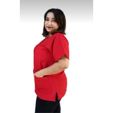 Likralı Sade 3 Cepli Hemşire Önlüğü Üstü  Kırmızı