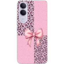 TechTree Vivo V70 Fe Uyumlu Pembe Leopar Desenli ve Kurdele Baskılı Silikon Kılıf