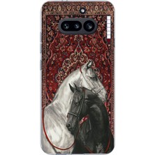 TechTree Nothing Phone (4A) Uyumlu Geleneksel Halı Motifli Siyah Beyaz At Baskılı Silikon Kılıf
